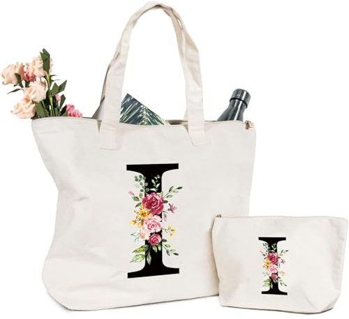 Letras Personalizadas Bolsa de lona, Bolso Tote de Mujer con Inicial y Flores Bolsa de Compras con Bolsillo Interior Alfabeto Bolso de Cosméticos Regalos para Damas Amigas Mamá Regalo Cumpleaños(I)