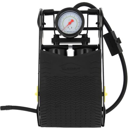MICHELIN 009505 Pompe à Pied Double Piston avec Manomètre Homologué, 7 Bars, Flexible 80 cm – Gonfleur Vélo, Moto, Auto, Ballon – Haute Pression, Solide, Facile à Utiliser