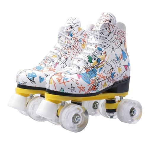 BMOZRM Rollschuhe Damen Vier Räder Rollerskates for Erwachsene Blitz Doppelreihe Rollschuhe Damen for Mädchen Jungen Schläfrig(Color:White Doodle+White Wheel,Size:41 EU)