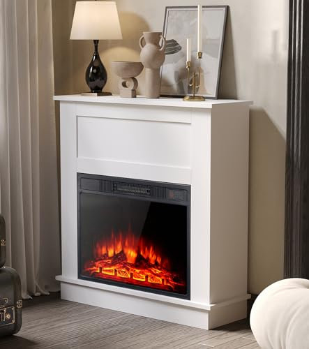 M.C.Haus Elektrischer Kamin mit Kaminsims Regal, 23/58cm Kamin Eingesetzt, Freistehendes Heizset, Einstellbare Temperatur und Flammeneffekt, Offenes Regal und Tischplatte, Engineer Wood Finish, Weiß