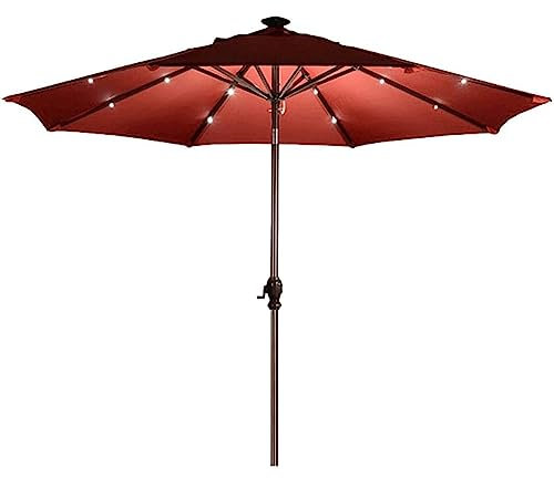 GUOQDAMI Gartenschirm Roter Tischschirm für den Außenbereich mit Solar-LED-Licht, Terrassenschirm mit stabiler Basis, 9FT/2,7M runder Strandschirm Sonnenschirm