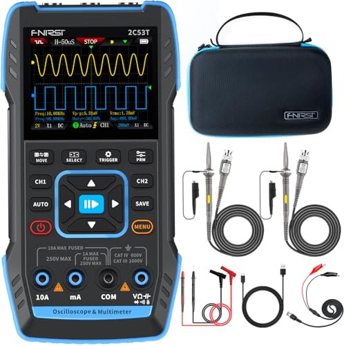 FNIRSI 2C53T Upgraded Handheld Oscilloscope, 50MHz Bandwidth, 3IN1 Digital Oscilloscope Multimeter DDS Generator, 250MS/s Sampling Rate, 20000 Counts, Voltage, Current, Capacitor, Resistor, Diode Test