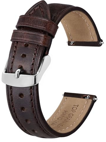 BISONSTRAP Cinturini per Orologi da Uomo in Pelle Retrò, Cinturino di Ricambio in Pelle di Vitello Cerata a Olio, Sgancio Rapido, 18mm, Marrone Caffè (Fibbia Argento)