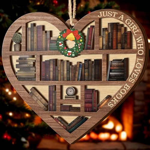 V VIBEPY All Over Printed, Book Lovers Ornaments, Bookshelf Heart Christmas Book Ornament 3.2x3.5 2 Layer, Gift for Girl Book Lovers, Gift Idea for Christmas