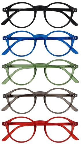 OPULIZE REY Gafas de Lectura - Pack de 5 - Montura Redonda Retro - Negro, Azul, Verde, Gris, Rojo - Hombre Mujer - Bisagras de Muelle - RRRRR56-1367Z - +2.00