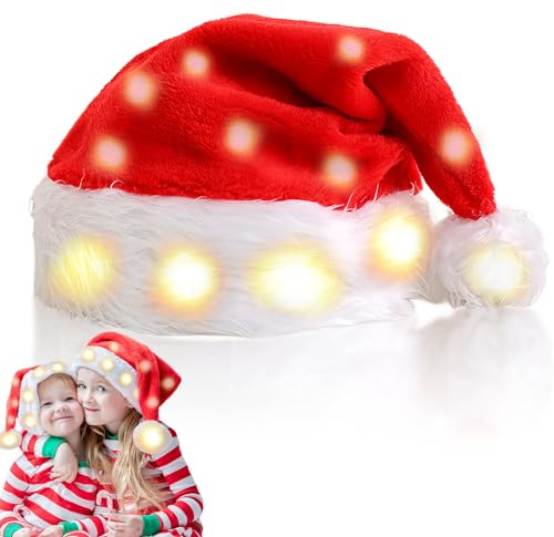 Sporgo LED Weihnachtsmütze: Kinder Nikolausmütze mit Leuchtendem, Plüsch Rote Santa Mütze Nikolaus Dicker Fellrand Weihnachtsmützen für Weihnachten Neujahr Partys Neujahrsgeschenk (Warmweiß)