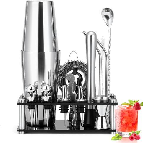 Cinnani Boston Shaker Cocktail Set Professionale con Supporto,15 pezzi cocktail set kit in Acciaio Inox,Kit Cocktail 750ml,professionale barman set,Cocktail Shaker Set
