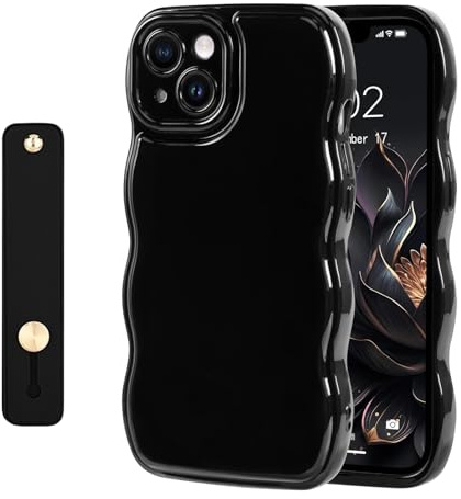 NITITOP Compatible with iPhone 15 Plus Case Cute Wave Frame-Black | for Women Girls, Kickstand Wavy Curly Design, with Wrist Adjustable Hand Strap，Soft Protective Cover, Full Camera Protection