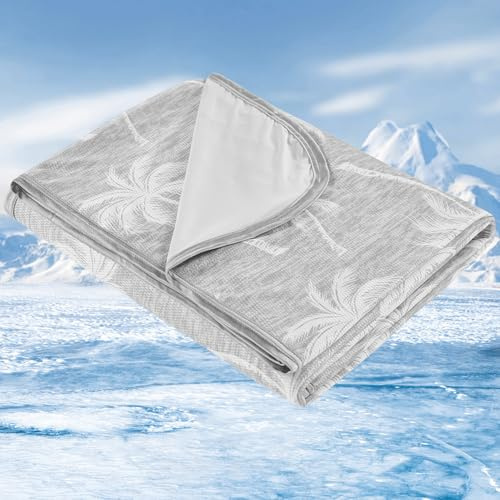 VK·LIVING Kühldecke für Bett & Hitzegeplagte – Doppelseitige Kühlende Decke mit Q-Max >0,5 und Tropenmuster, Leichte Atmungsaktive Sommerdecke gegen Nachtschweiß für Sofa, Reisen, 150x200cm Grau
