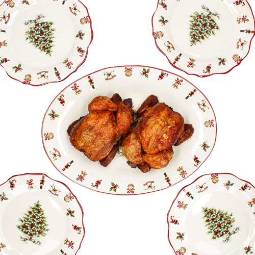 MamboCat Maestro Natale 5tlg Lunch-Set I italienisches Keramik-Geschirr für 4 Personen mit Weihnachtsdekor I 1x Servierplatte & 4x Speiseteller für Weihnachten