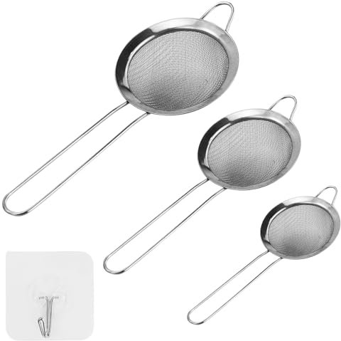 JRSHIRLEYLTD Colador de cocina de 3 piezas, 8/10/12 cm, acero inoxidable, malla fina, para quinua, verduras, té, azúcar en polvo, con 3 ganchos