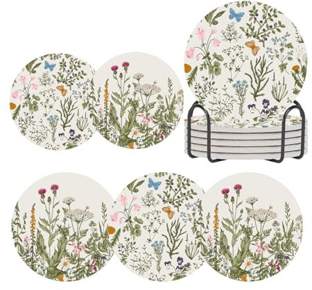 ubcindy Sage Green Herbs Thistle Flower Coasters Set of 6 for Drinks,Vintage Wild Floral Spring Round Absorbent Ceramic Coaster with Metal Holder Stand and Cork Base for Coffee Kitchen Parties Gifts