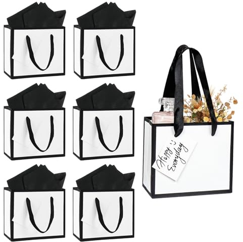 6 Stück 18× 16× 10 cm kleine Geschenktüten mit Henkel und Geschenkanhänger, weiße Geschenktüten mit Seidenpapier kleine Partytüten weiß für Hochzeit Geburtstag