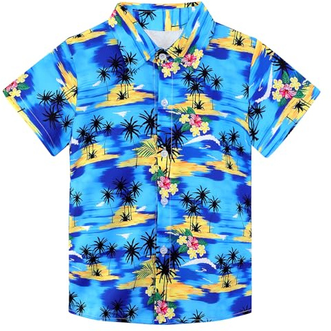 XiaoMoSha Boys Button Down Shirt Blue Hawaiian Shirt Summer Beach Tropical Casual Short Sleeve Printed Shirt for Kids, HawaiianBlue, 9-10 Years