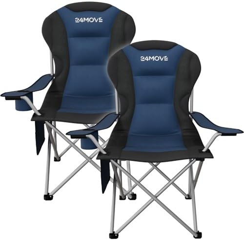 24MOVE® Campingstuhl faltbar bis 150 kg, 2er Set, Faltstuhl Angelstuhl Klappstuhl Gepolstert mit Armlehnen, Getränkehalter + Tasche mit hoher Rückenlehne, Strandstuhl, Klapphocker, blau