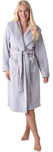 Camille Women's Supersoft Fleece Dressing Gown - Long-Sleeve, Calf-Length Bathrobe | Ribbed Collar, Wrap Belt Tie Fastening & Front Pockets | Warm Comfy Housecoat - Light Grey 14-16