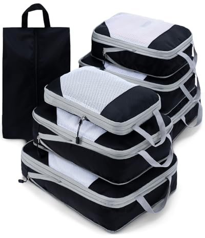 Meowoo Kompressionspaket med 7 set, ripstop-nät reseorganiserare för bagage, multifunktionella ultralätta expanderbara packkuber för resväska, handbagage, resor, ryggsäck, svart