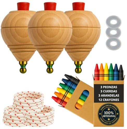 Peonza Madera para Niños Pack 3 Trompos + 12 Ceras de Colores + 3 Arandelas | Hecho a Mano en España con Punta Redonda.