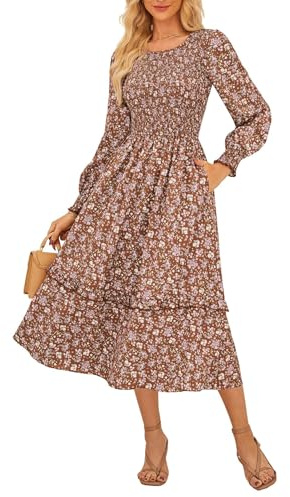 Kate Kasin Damen Freizeit Rundhalsausschnitt Elastische Hohetaille Laternenärmel Blumenkleid Braun L