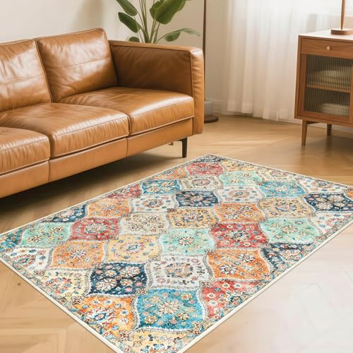 LuxFocus Alfombra pequeña para dormitorio, 80 x 150 cm, diseño floral vintage, antideslizante, color naranja | Alfombra bohemia lavable para sala de estar, comedor, oficina, alfombra de diseño oriental tradicional, pelo bajo, ultrafina