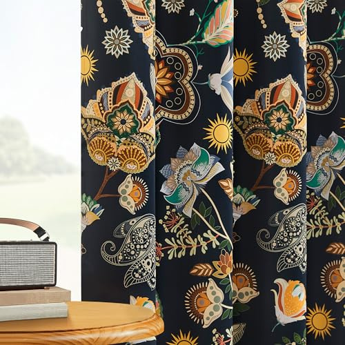 XiDi Verdunkelungsvorhänge mit Blumenmuster, 160 cm lang, 2 Paneele, Raumverdunkelung, wärmeisoliert, Vintage, Mitte des Jahrhunderts, Moderne Vorhänge, Gemustert, Blumenblätter, Ösen, Vorhänge für