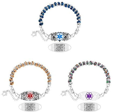 Zircobic Leichter, Anpassbarer Medizinischer Armband mit Lasergraviertem ID-Tag, Wasserdicht, Hypoallergen, Edelstahl mit Drei Farben Perlen, Unisex, Geeignet für den Alltag & Sport