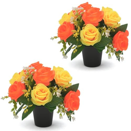 AIGOCITY 2 Stück Kunstblumen für Grabtöpfe, 2 Farben gelb-orange Rosen Grabblumentöpfe Seiden-Friedhofsornamente Dekorationen für den Außenbereich, künstlicher Trauerkranz im Topf für das Grab