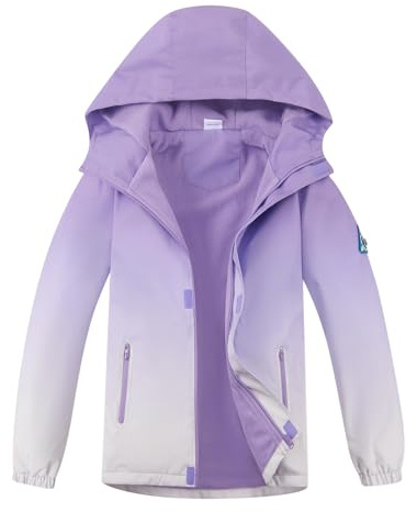 BuyiRen Chaquetas para niños y niñas, cortavientos, chaquetas impermeables con capucha, abrigos de lluvia forrados de forro polar para niños, de 4 a 13 años, morado, 10-11 años