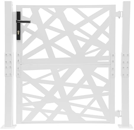 SuhoFutus 105 × 100 cm svart trädgårdsgrind, utomhusport, säkerhetsgrind, metallträdgårdsgrind, 180° öppningsvinkel, säkerhetslås med 7 nycklar, för trädgård, gård och terrass (vit)