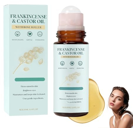 Weihrauch & Rizinusöl Roll on mit Rosenquarz - Rizinusöl Kaltgepresst Bio, Strafft die Haut, Reduziert Feine Linien, Natürlich Rizinus Öl für Körper, Haare, Nägel, Wimpern, Augenbrauen, 50ml (1PC)