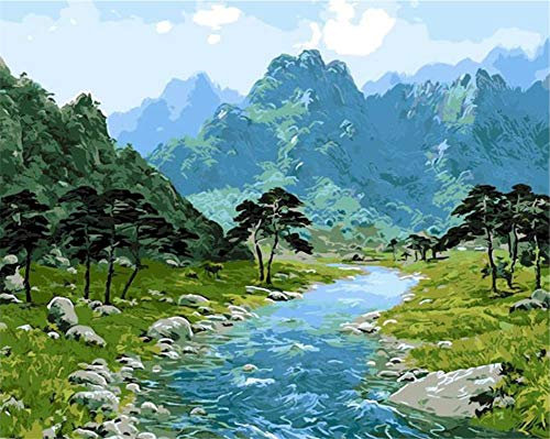 ABEUTY Wandkunst Hoher Berg Creek Tiefster Wald Malen nach Zahlen, DIY Ölgemälde auf Leinwand Gemälde 40x50cm