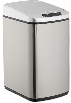 Relaxdays Cestino dei Rifiuti con Sensore, Automatico 12 L, Cesto Rettangolare con Coperchio & Secchio Interno, argento