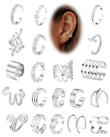 Milacolato 20Pcs Ear Cuff Set Damen Ohrmanschette Ohrringe Earcuffs Set Helix Knorpel Clip auf Wickelohrring Fakepircings Ohr Cuffs Ohrklemme Silber