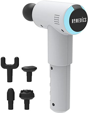 HoMedics Massage-Pistole Mini Massage Gun - Tragbares Physiotherapie-Körpermassagegerät für müde Muskeln - Professionelle Physio-Tiefenmassage - Inkl. 5 Massageköpfe, kabellos, wiederaufladbar - Weiß