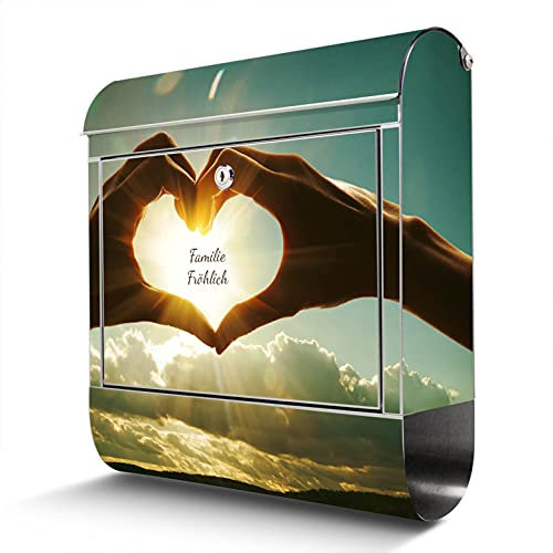 banjado® Briefkasten Edelstahl personalisiert mit Motiv Sonne im Herzen 38x43x12cm & 2 Schlüssel - rostfreier Edelstahl Briefkasten mit Zeitungsfach - Postkasten A4 Einwurf inkl. Montagematerial