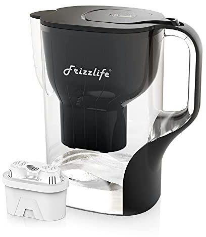 Frizzlife Water Filter Pitcher, Large 10 Cup Purifier with Filter Life Remind, Long Lasting, Adjustable Filtration Speed, Reduces Chlorine, Heavy Metals, Fluoride, Bad Taste & Odor, Dark