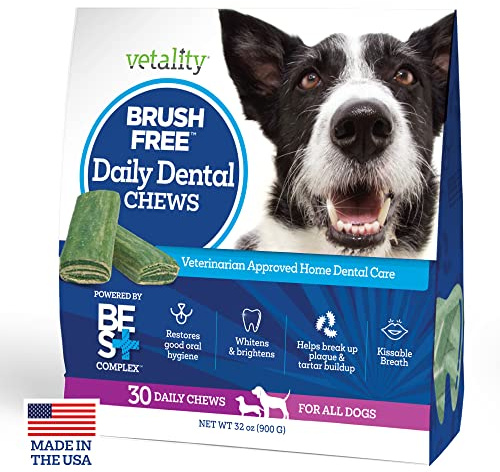 Vetality Brush Free Daily Dental Care Chews for Dogs | Cleans Teeth and Freshens Breath | 30 Count | B.E.S.T. Complex Provides Complete Oral Cleaning and Tartar Control