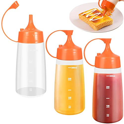 3 Pezzi Bottiglia Squeeze di Plastica, 300 ml Bottiglie Condimenti con Tappo, Bottiglia Squeeze Bottiglia Salsa Condimento Dispenser, Flacone Dosatore per Ketchup, Mayo, Salse Piccanti, Olio D'oliva