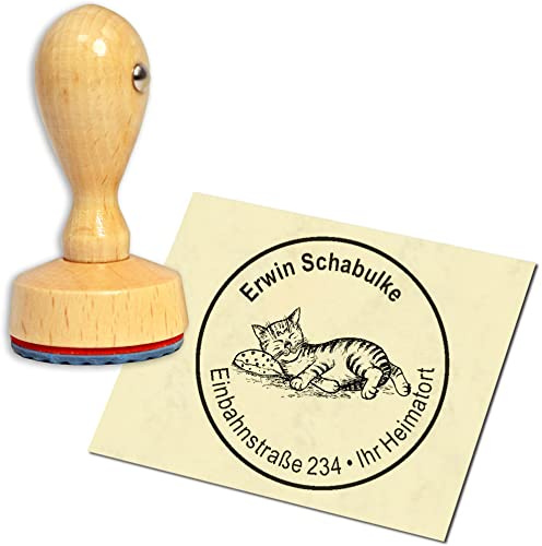Stempel Adressstempel Holzstempel - niedliche Katze auf Kissen - rund ∅ 40mm personalisiert als Firmenstempel Namensstempel Bürostempel