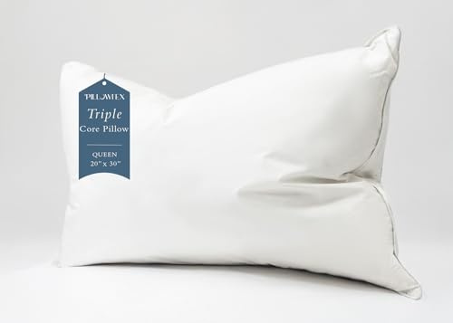 Queen Size Triple Chamber Duck Down & Feather Pillow – Hotel Style Luxury Bed Pillow for Side & Back Sleepers, Soft Medium Support, Fluffy Fill with 100% Cotton Down-Proof Cover