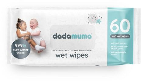 Dadamuma - 99.9% Pure Water Baby Wipes (60 Wipes), Gentle with Newborn Skin, Natural Ingredients, Allergy UK Approved, Plastic-Free, Biodegradable, Eco-Friendly