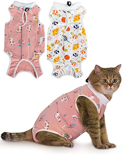 ANWA 2 Pack Cat Recovery Suit - Breathable Cat Onesie for Cats After Surgery Female, Kitten Surgery Recovery Suit Female Abdominal Wounds