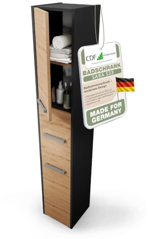 CDF Hochschrank SCHMAL HOCH-Schrank Badschrank 30 cm Breit Badezimmerschrank Nischenschrank Badmöbel für Kosmetik Handtücher Badezimmer Bad WC Toilette Flur Stehend Eiche Artisan/Anthrazit | 30x30x170