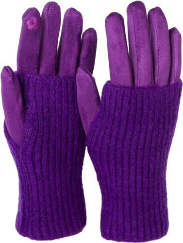 styleBREAKER Damen 3 in 1 Touchscreen Handschuhe mit abnehmbarer Strick Stulpe | Winterhandschuhe | 3 Tragevarianten | Weich warm elastisch in vielen Farben, Farbe:Violett