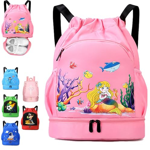 YOUYIKE Sac à dos de sport imperméable, Sac à dos nager Cordon pour Enfants, Sirènee Sac de Sport pour fille, Large Bandoulière Sacs de Sport à Cordon Sac de Gym Avec Poche Intérieure Rose