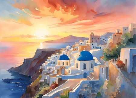 Acryl-Bild 110 x 80 cm: Aquarellmalerei von Santorini, Griechenland bei Sonnenuntergang (213192255)