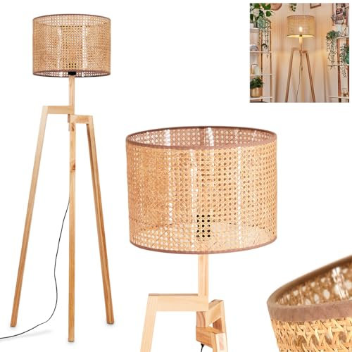 Stehleuchte Barcos, Stehlampe aus Holz/Wiener Gelecht/Rattan in Naturfarben, Leuchte im skandinavischen Design mit rundem Schirm (Ø 40 cm) u. Fußschalter, Höhe 160 cm, 1 x E27, ohne Leuchtmittel