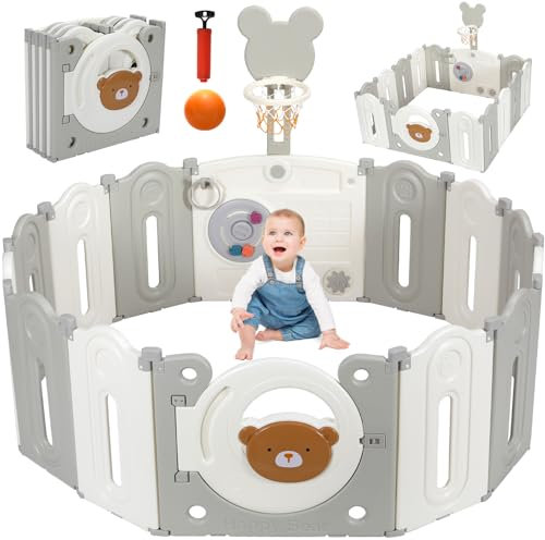 Laufgitter Baby Faltbar, Laufstall Kinder Faltbar mit 12PCS Modul, 143x143x64 cm, Zaun für Kinder Verstellbare Form, Baby Playpen mit Basketballkorb & Basketball & Spielzeugboard, Ungiftigem Material