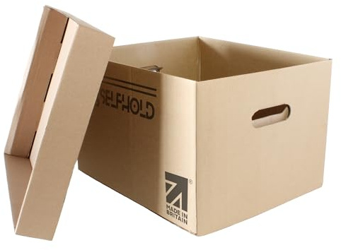 SelfHold 5 Cardboard Archive Boxes with Lids (36 x 27 x 23cm) Cardboard Single Wall Archive Filing Storage Boxes for Moving House with Handles, Bankers Box, Storage and Moving Boxes | Made in Britain