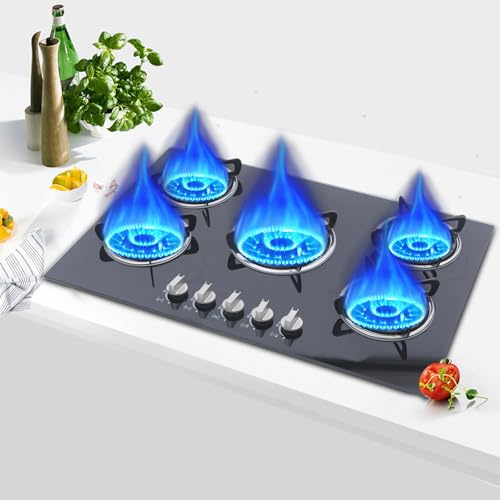 Gaskochfeld 5 Flammig, Einbau Kochfeld Glas, Gaskocher mit Automatische Flammenausfallvorrichtung, Schwarz Glasherd, Batteriezündung, 77 x 51 x 7cm,LPG/Erdgas